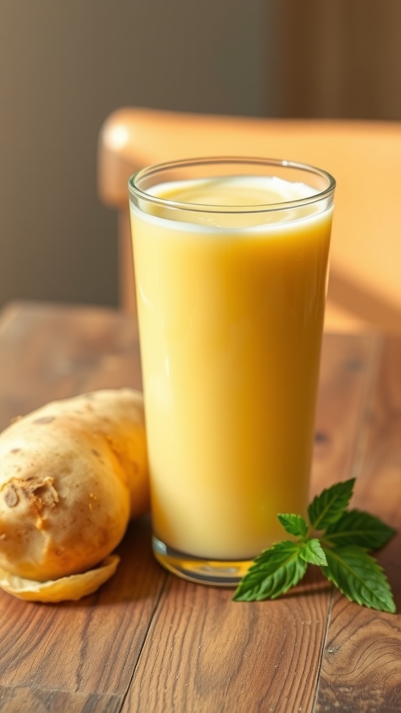A glass of refreshing potato juice next to a peeled potato on a rustic wooden table.